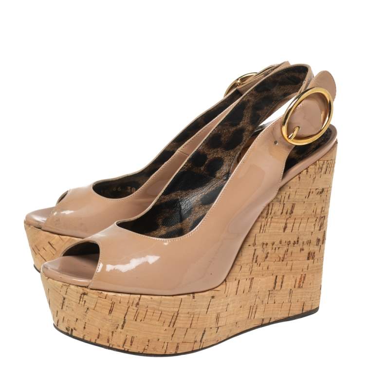 Pre Owned Dolce & Gabbana Beige Patent Leather Cork Wedge Platform Slingback Sandals Size 38