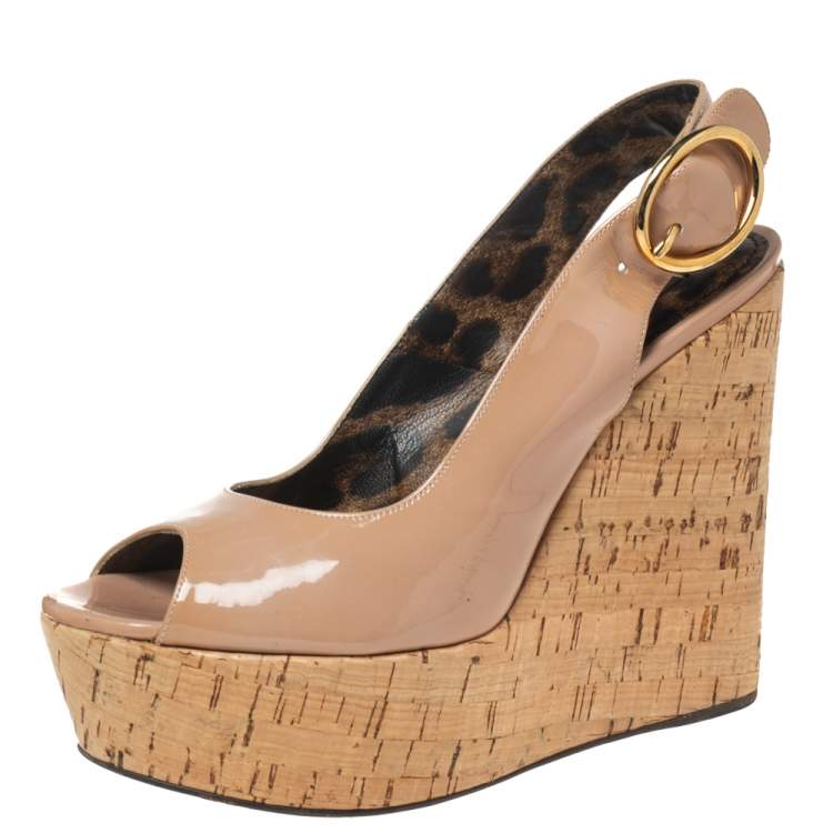 Pre Owned Dolce & Gabbana Beige Patent Leather Cork Wedge Platform Slingback Sandals Size 38