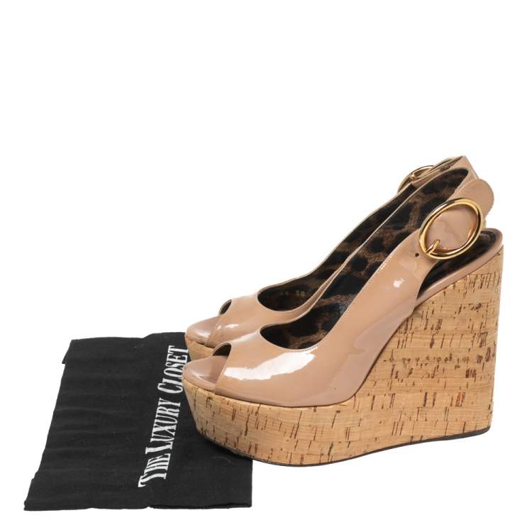 Pre Owned Dolce & Gabbana Beige Patent Leather Cork Wedge Platform Slingback Sandals Size 38