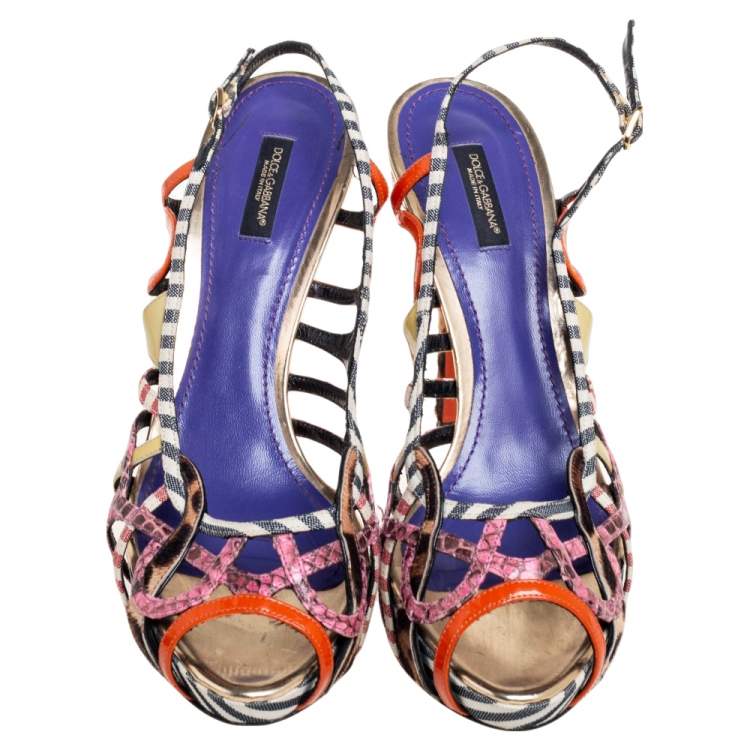 Pre Owned Dolce & Gabbana Multicolor Python Embossed Leather And Pony Hair Strappy Platform Sandals Size 40