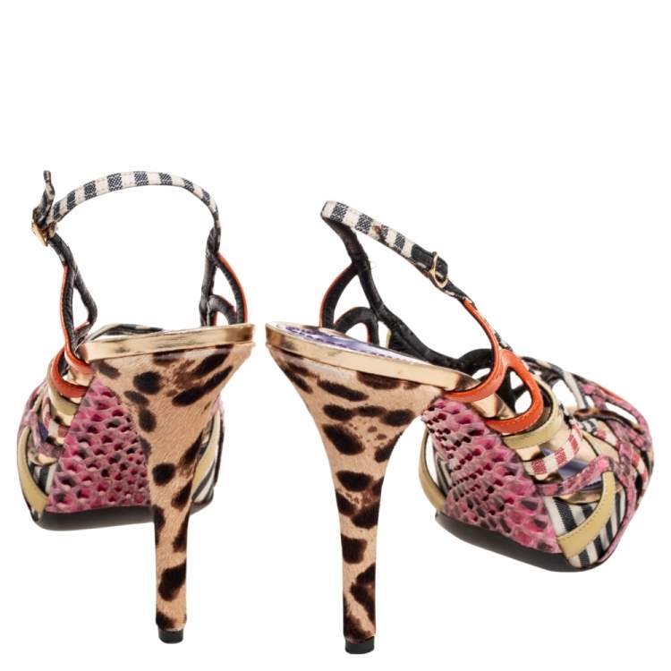 Pre Owned Dolce & Gabbana Multicolor Python Embossed Leather And Pony Hair Strappy Platform Sandals Size 40
