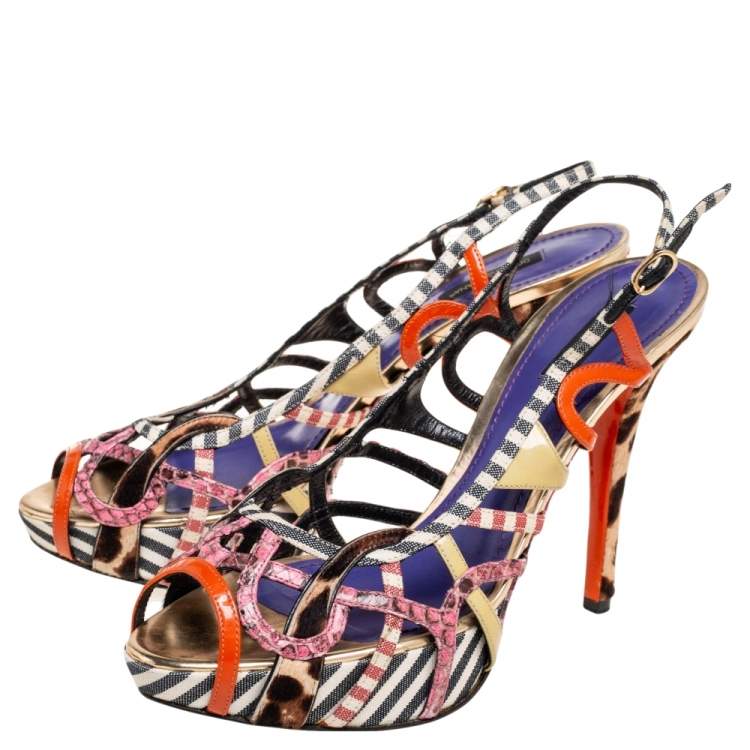 Pre Owned Dolce & Gabbana Multicolor Python Embossed Leather And Pony Hair Strappy Platform Sandals Size 40