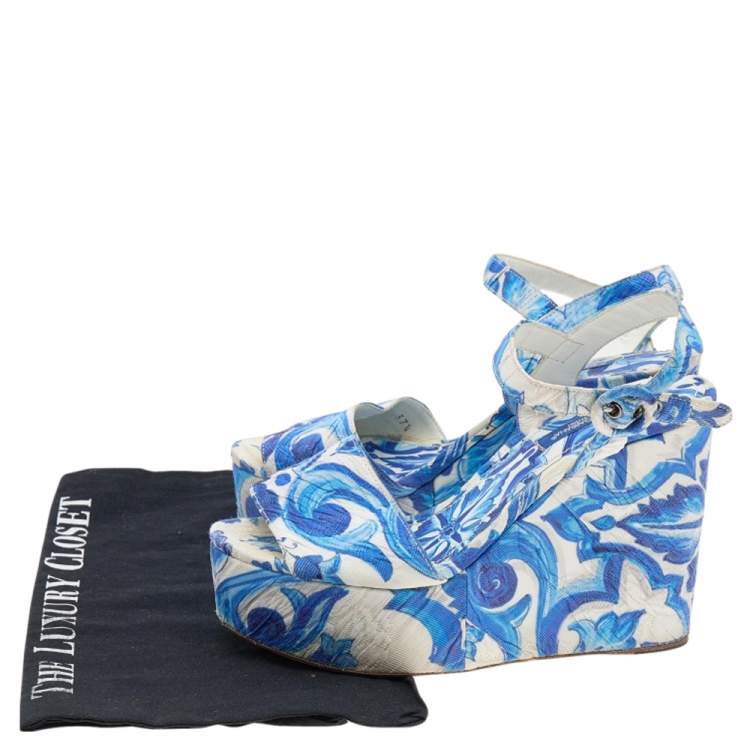 Pre Owned Dolce & Gabbana Blue/White Majolica Print Canvas Ankle Strap Wedge Sandals Size 37.5