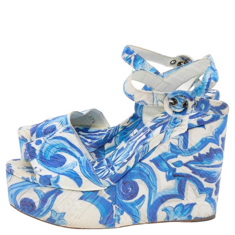 Pre Owned Dolce & Gabbana Blue/White Majolica Print Canvas Ankle Strap Wedge Sandals Size 37.5