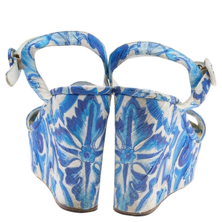 Pre Owned Dolce & Gabbana Blue/White Majolica Print Canvas Ankle Strap Wedge Sandals Size 37.5