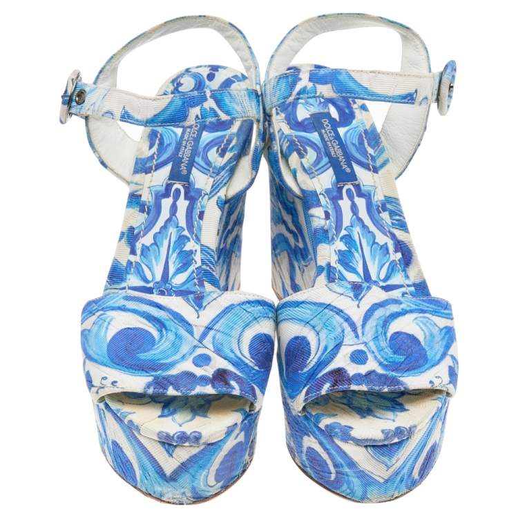 Pre Owned Dolce & Gabbana Blue/White Majolica Print Canvas Ankle Strap Wedge Sandals Size 37.5