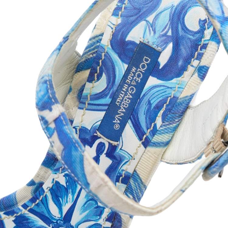 Pre Owned Dolce & Gabbana Blue/White Majolica Print Canvas Ankle Strap Wedge Sandals Size 37.5