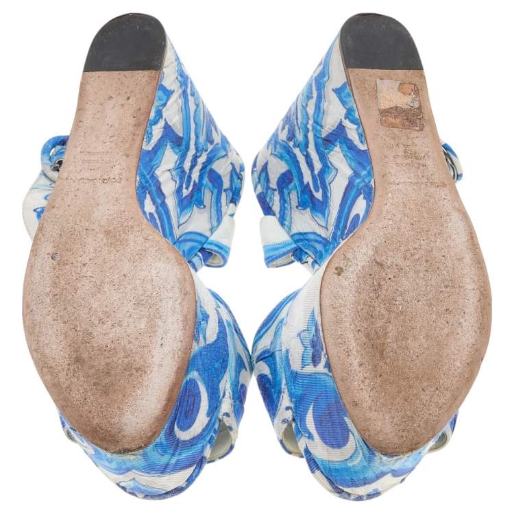 Pre Owned Dolce & Gabbana Blue/White Majolica Print Canvas Ankle Strap Wedge Sandals Size 37.5