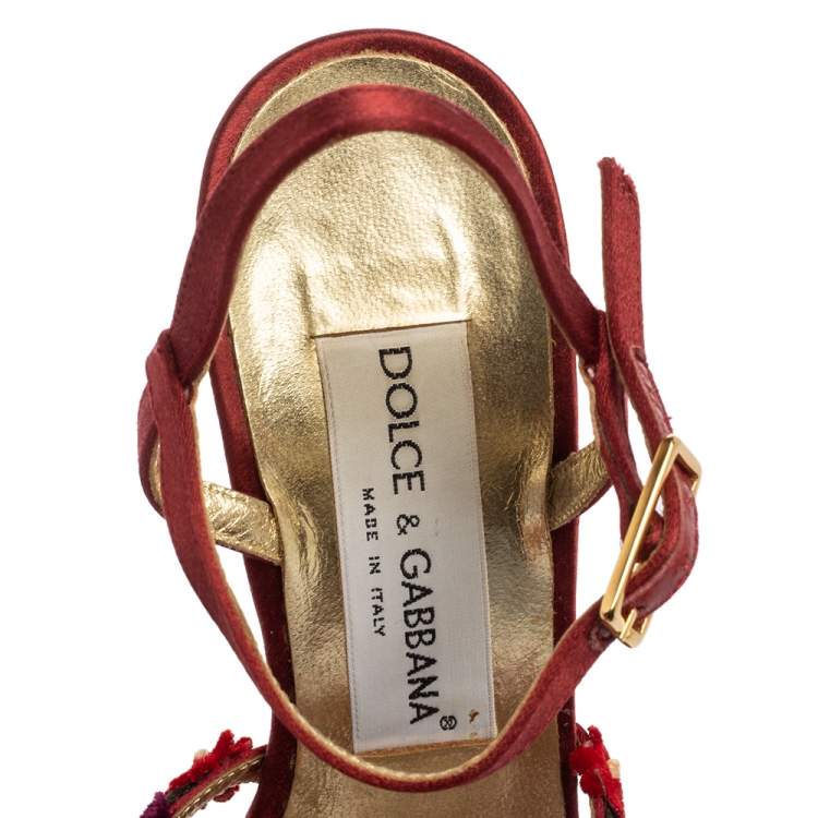 Pre Owned Dolce & Gabbana Red Satin Flower Strappy Sandals Size 35.5