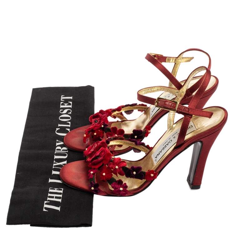 Pre Owned Dolce & Gabbana Red Satin Flower Strappy Sandals Size 35.5
