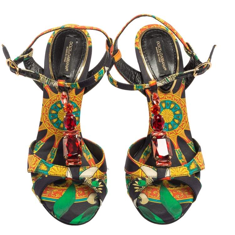 Pre Owned Dolce & Gabbana Multicolor Canvas Embellished T-Strap Sandals Size 36