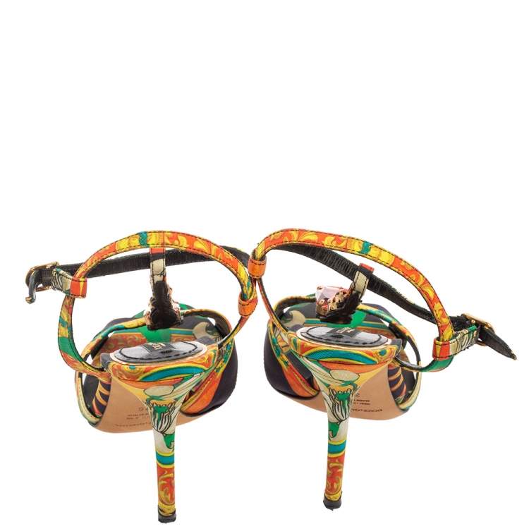 Pre Owned Dolce & Gabbana Multicolor Canvas Embellished T-Strap Sandals Size 36