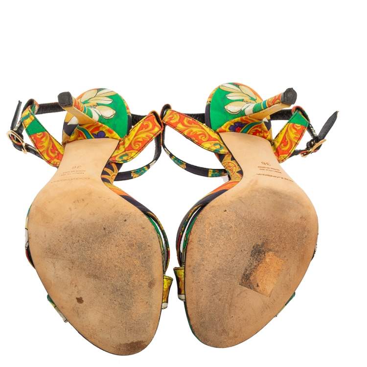 Pre Owned Dolce & Gabbana Multicolor Canvas Embellished T-Strap Sandals Size 36
