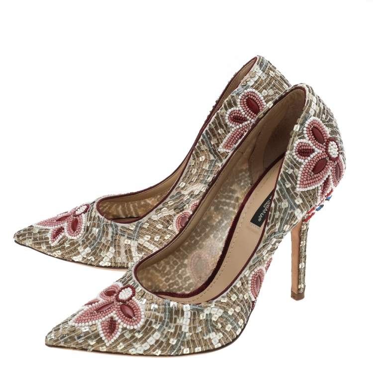 Pre Owned Dolce & Gabbana Multicolor Beads And Sequins Embellished Pointed Toe Pumps Size 36.5