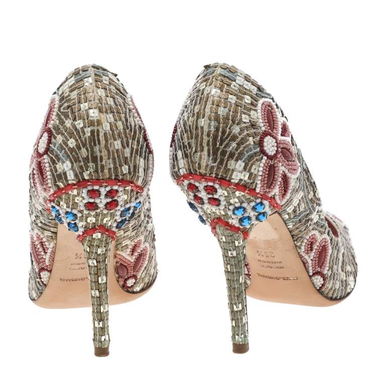 Pre Owned Dolce & Gabbana Multicolor Beads And Sequins Embellished Pointed Toe Pumps Size 36.5