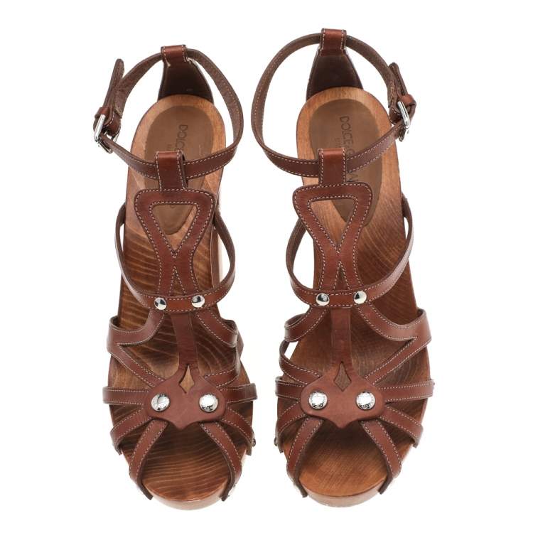 Pre Owned Dolce & Gabbana Brown Leather Strappy Sandals Size 39