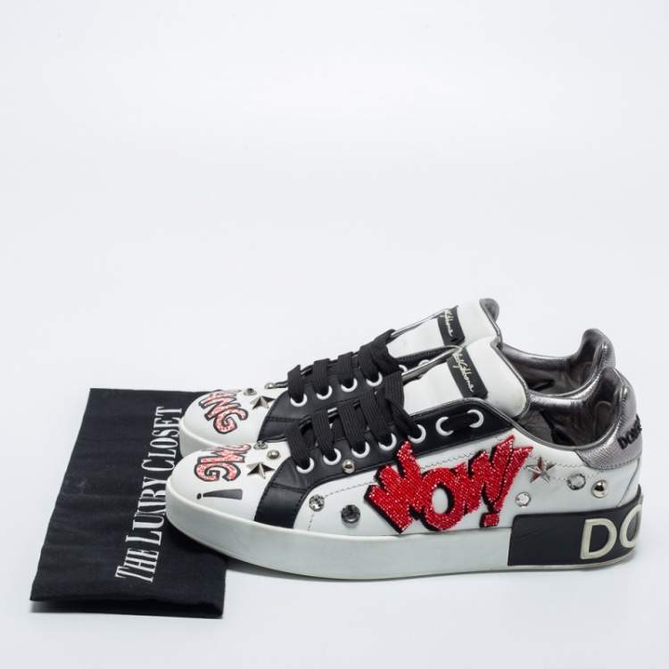 Pre Owned Dolce & Gabbana White Leather Wow Embellished Low-Top Sneakers Size 38.5