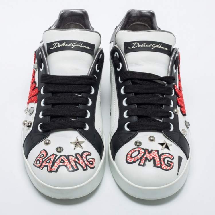 Pre Owned Dolce & Gabbana White Leather Wow Embellished Low-Top Sneakers Size 38.5