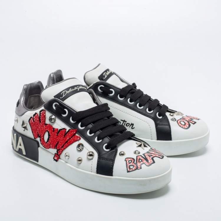 Pre Owned Dolce & Gabbana White Leather Wow Embellished Low-Top Sneakers Size 38.5