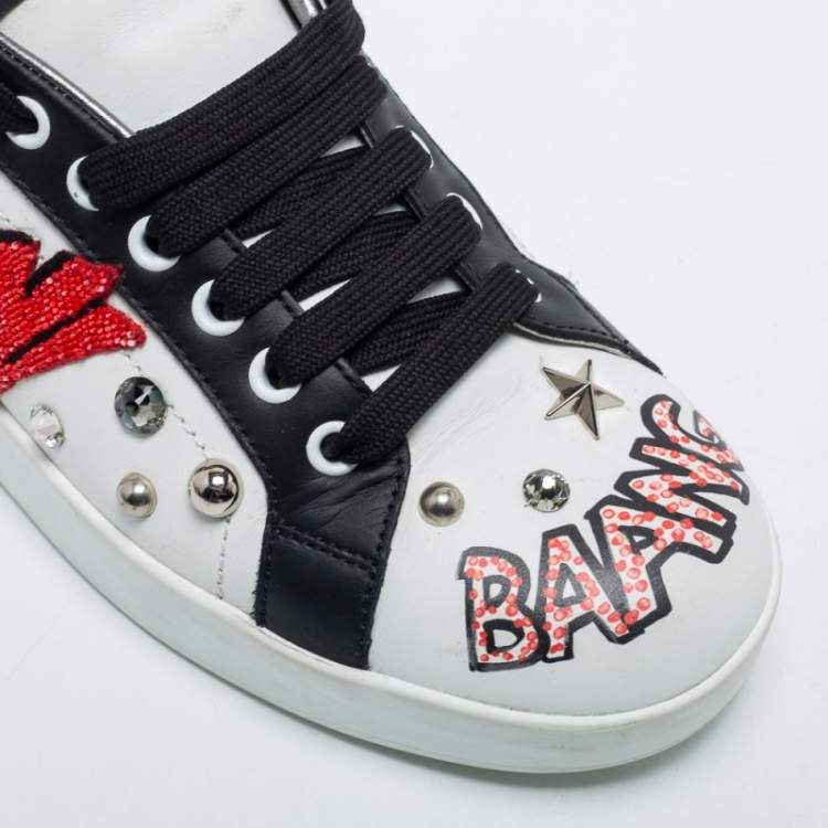 Pre Owned Dolce & Gabbana White Leather Wow Embellished Low-Top Sneakers Size 38.5