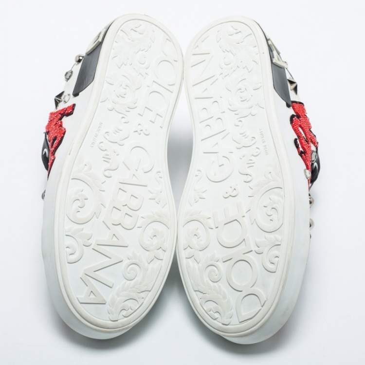 Pre Owned Dolce & Gabbana White Leather Wow Embellished Low-Top Sneakers Size 38.5
