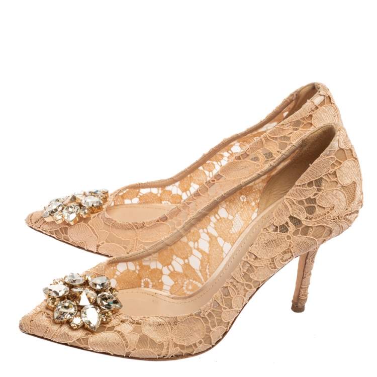 Pre Owned Dolce & Gabbana Beige Lace And Mesh  Bellucci Pointed-Toe Pumps Size 37