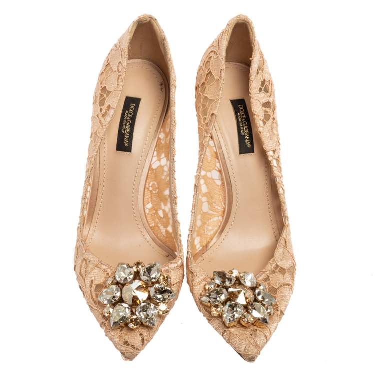 Pre Owned Dolce & Gabbana Beige Lace And Mesh  Bellucci Pointed-Toe Pumps Size 37