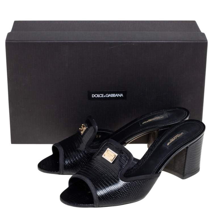 Pre Owned Dolce & Gabbana Black Lizard Embossed Leather Slide Sandals Size 39