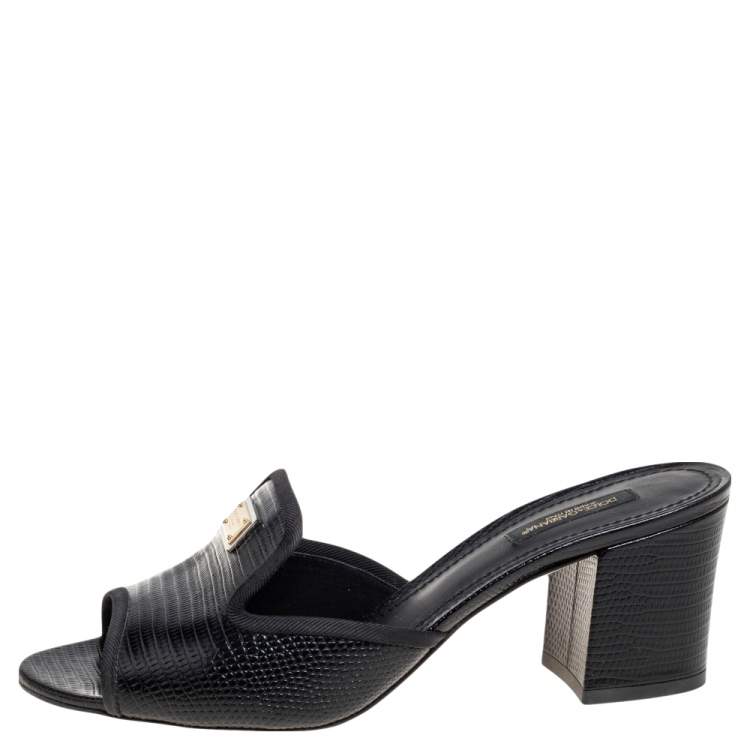 Pre Owned Dolce & Gabbana Black Lizard Embossed Leather Slide Sandals Size 39