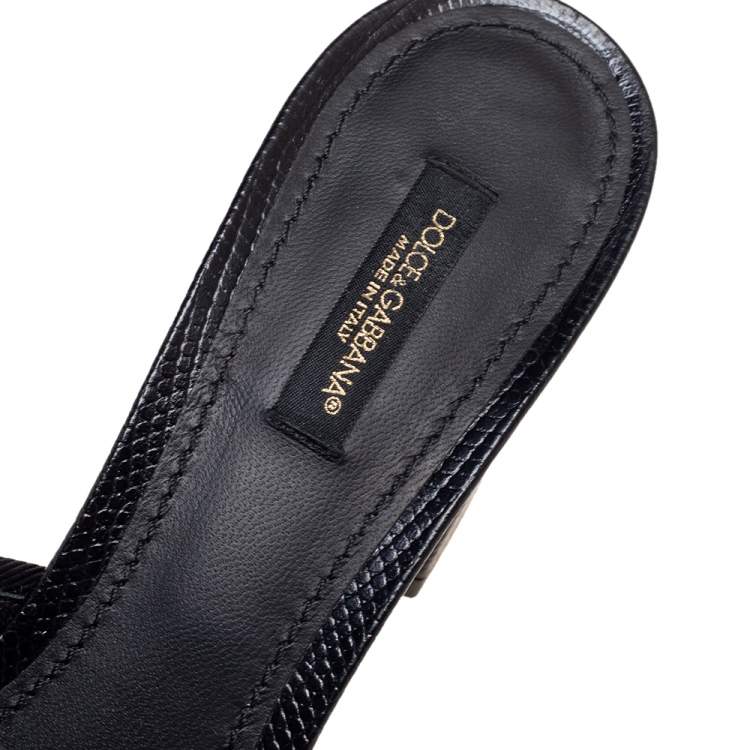 Pre Owned Dolce & Gabbana Black Lizard Embossed Leather Slide Sandals Size 39