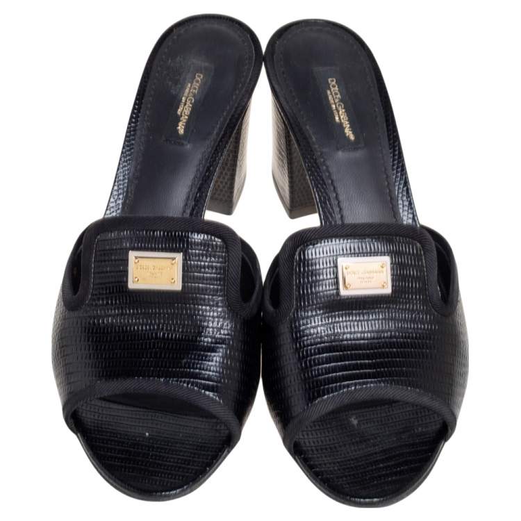 Pre Owned Dolce & Gabbana Black Lizard Embossed Leather Slide Sandals Size 39