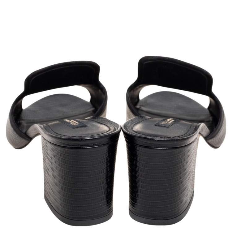 Pre Owned Dolce & Gabbana Black Lizard Embossed Leather Slide Sandals Size 39