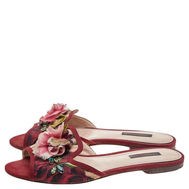 Pre Owned Dolce & Gabbana Multicolor Floral Print Canvas Crystal Embellished Flat Slide Sandals Size 37