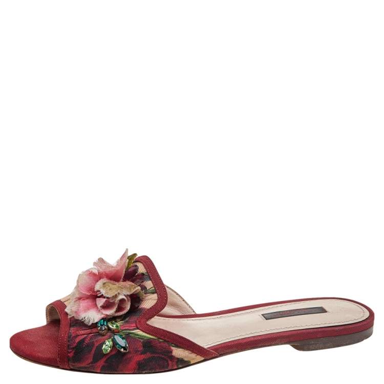 Pre Owned Dolce & Gabbana Multicolor Floral Print Canvas Crystal Embellished Flat Slide Sandals Size 37