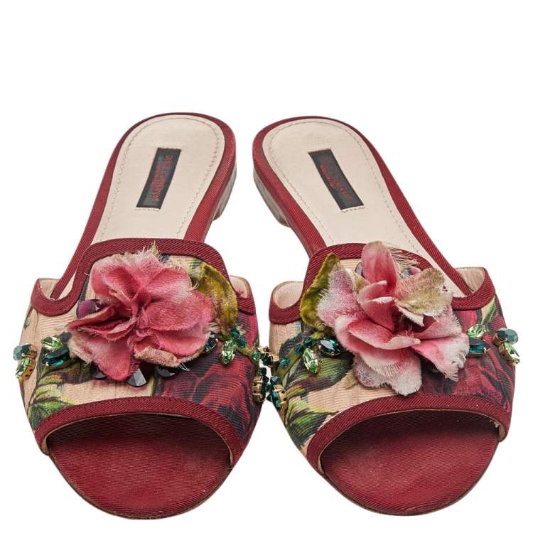Pre Owned Dolce & Gabbana Multicolor Floral Print Canvas Crystal Embellished Flat Slide Sandals Size 37