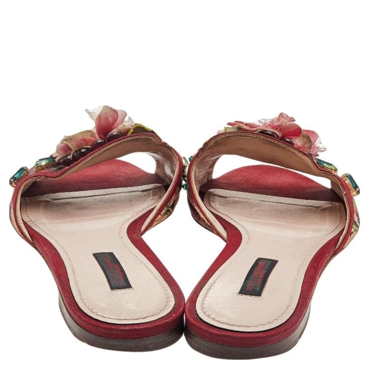 Pre Owned Dolce & Gabbana Multicolor Floral Print Canvas Crystal Embellished Flat Slide Sandals Size 37