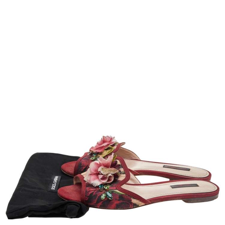 Pre Owned Dolce & Gabbana Multicolor Floral Print Canvas Crystal Embellished Flat Slide Sandals Size 37