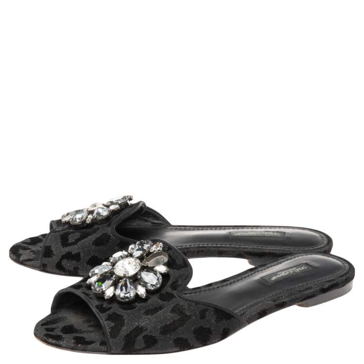 Pre Owned Dolce & Gabbana Black Leopard Print Lurex Fabric And Velvet Embellished Flat Slides Size 37