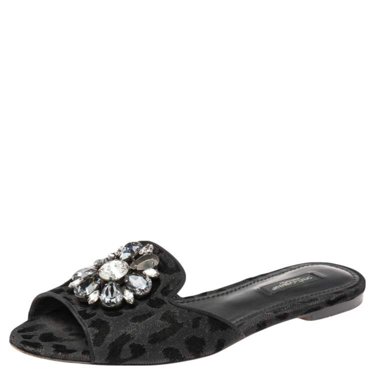 Pre Owned Dolce & Gabbana Black Leopard Print Lurex Fabric And Velvet Embellished Flat Slides Size 37
