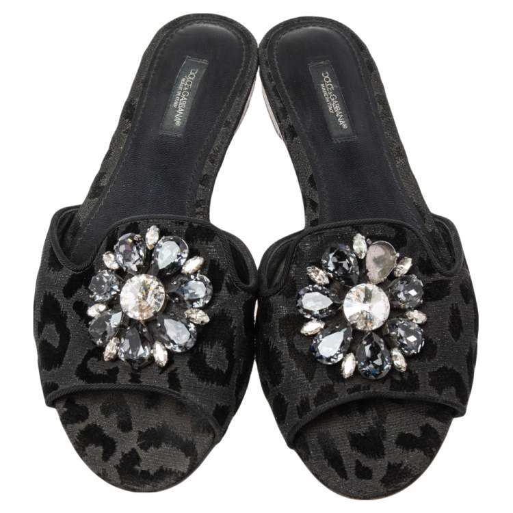Pre Owned Dolce & Gabbana Black Leopard Print Lurex Fabric And Velvet Embellished Flat Slides Size 37
