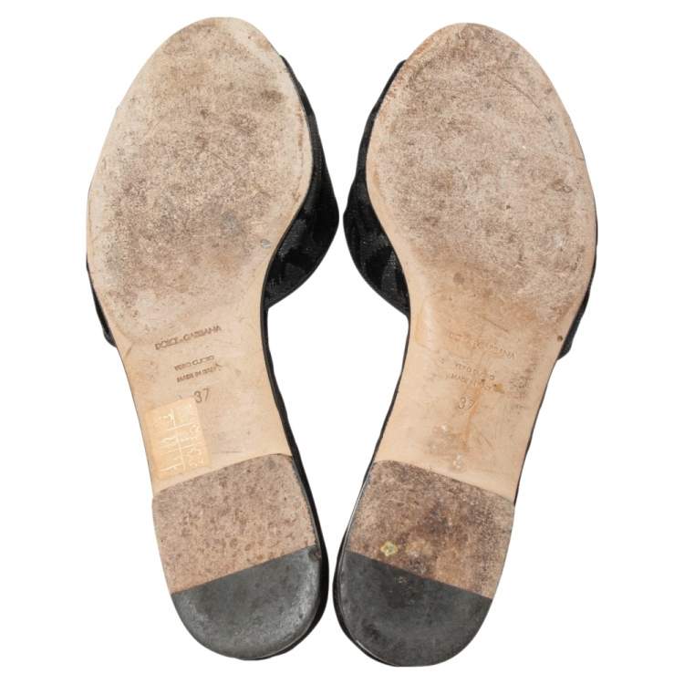 Pre Owned Dolce & Gabbana Black Leopard Print Lurex Fabric And Velvet Embellished Flat Slides Size 37