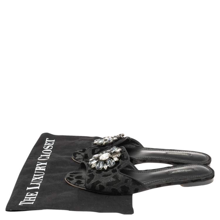 Pre Owned Dolce & Gabbana Black Leopard Print Lurex Fabric And Velvet Embellished Flat Slides Size 37