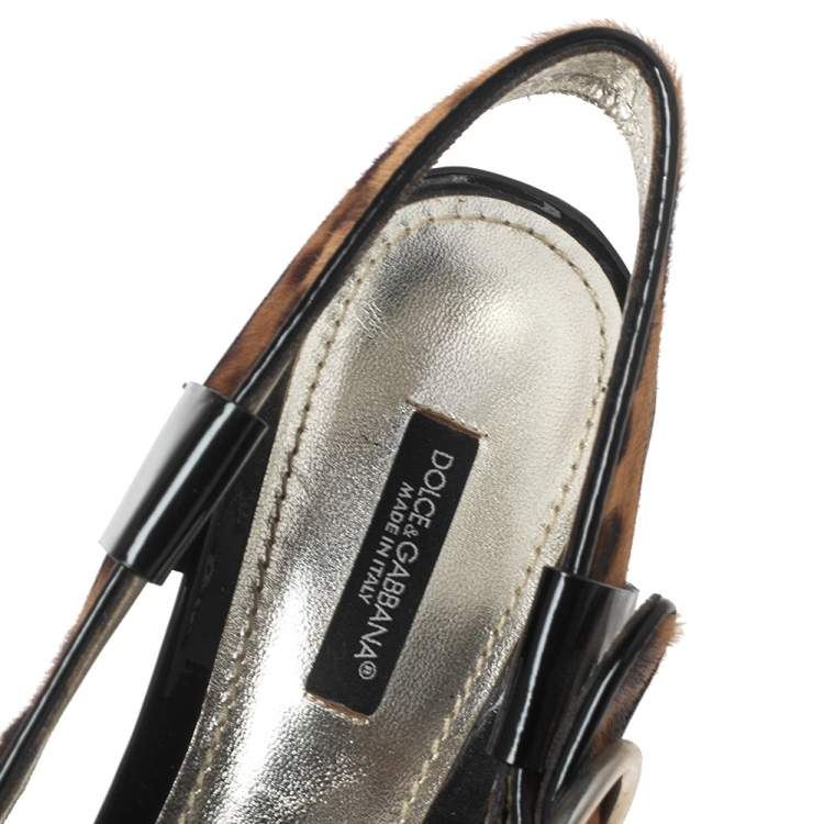 Pre Owned Dolce & Gabbana Black/Brown Leopard Print Pony Hair and Patent Leather Trim Platform Sandals Size 41