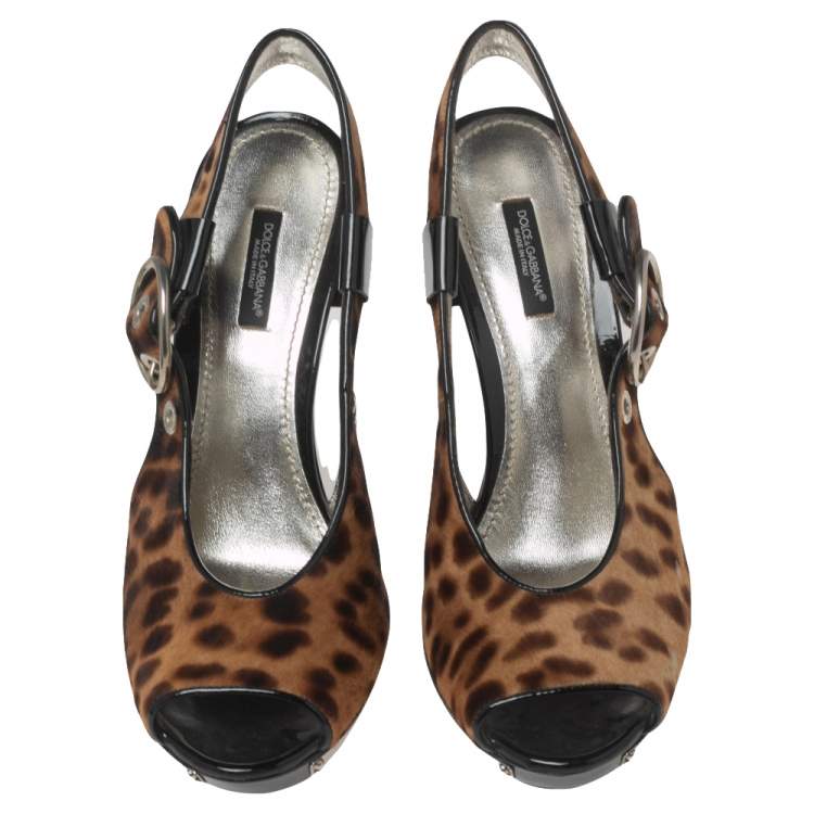 Pre Owned Dolce & Gabbana Black/Brown Leopard Print Pony Hair and Patent Leather Trim Platform Sandals Size 41