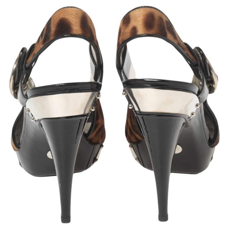 Pre Owned Dolce & Gabbana Black/Brown Leopard Print Pony Hair and Patent Leather Trim Platform Sandals Size 41