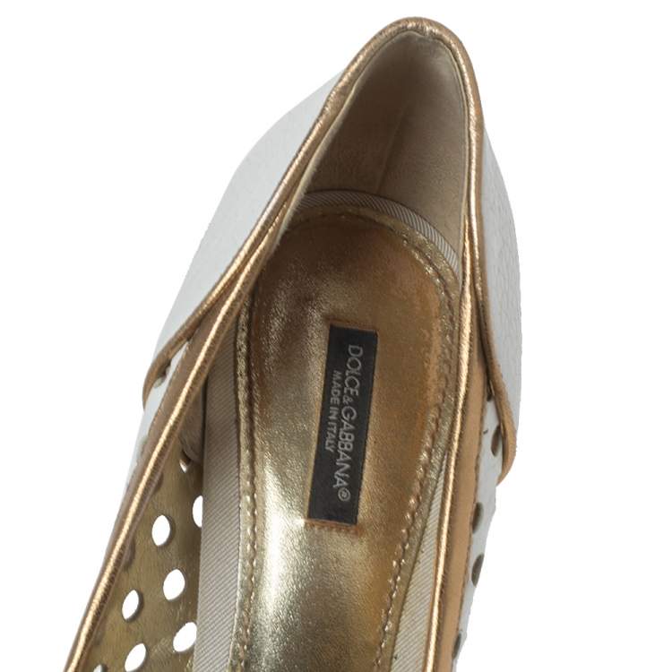 Pre Owned Dolce & Gabbana White/Gold Perforated Leather Bow Detail Peep Toe Pumps Size 41
