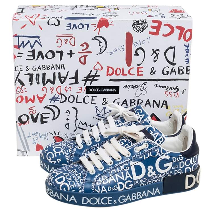 مملوكة مسبقًا Dolce & Gabbana Blue Leather Logo Print Portofino Low-Top Sneakers Size 38