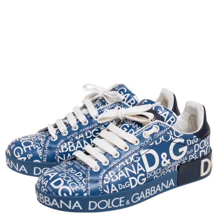 مملوكة مسبقًا Dolce & Gabbana Blue Leather Logo Print Portofino Low-Top Sneakers Size 38