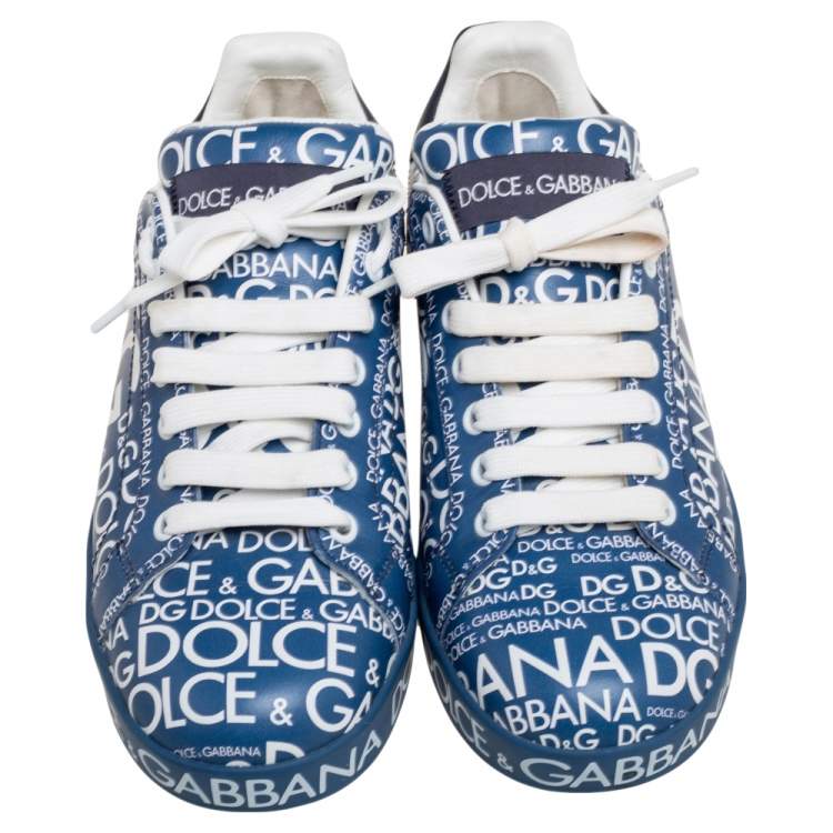 مملوكة مسبقًا Dolce & Gabbana Blue Leather Logo Print Portofino Low-Top Sneakers Size 38