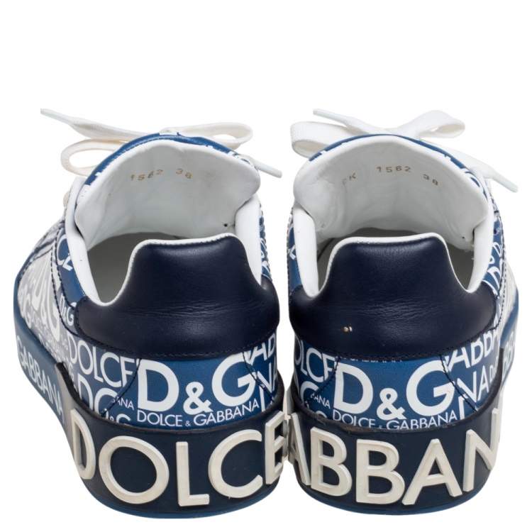 مملوكة مسبقًا Dolce & Gabbana Blue Leather Logo Print Portofino Low-Top Sneakers Size 38
